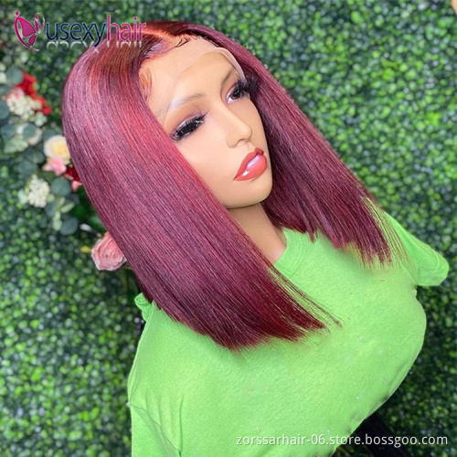 Top quality silk top straight pre plucked hd lace frontal wig new design short human hair bob wigs transparent  99j lace front w
